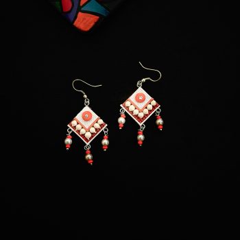 Orange & White Diamond Shaped Jute Earring