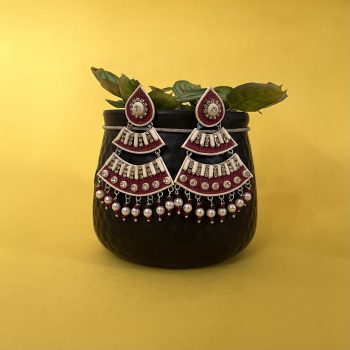 Maroon and White Thee Layer Jute Earing